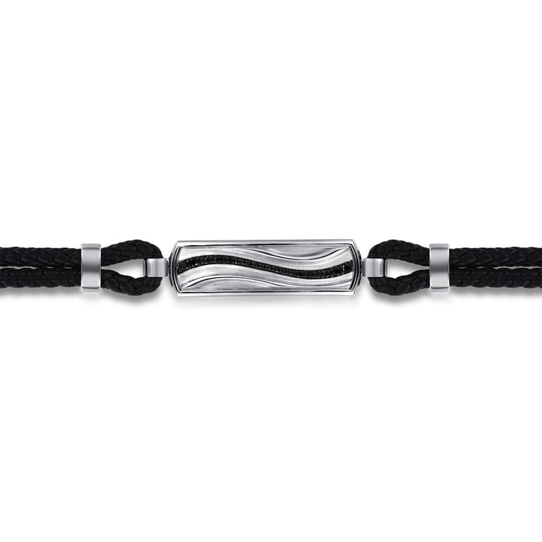 925 Sterling Silver and Leather Bangle with Black Spinel Wave ID Bangle - Shot 2