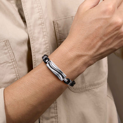 925 Sterling Silver and Leather Bangle with Black Spinel Wave ID Bangle