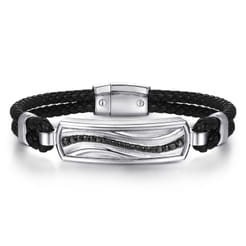 925 Sterling Silver and Leather Bangle with Black Spinel Wave ID Bangle