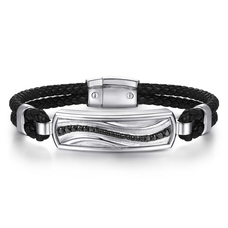 925 Sterling Silver and Leather Bangle with Black Spinel Wave ID Bangle - Shot 1