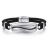 925 Sterling Silver and Leather Bangle with Black Spinel Wave ID Bangle