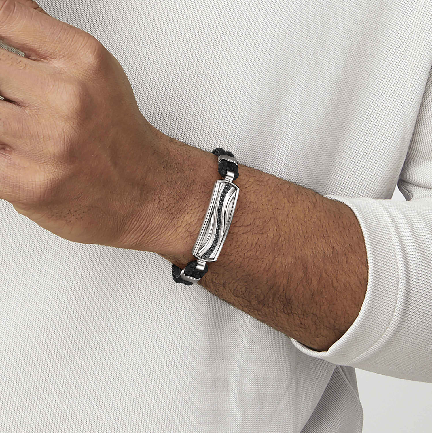 925 Sterling Silver and Leather Bangle with Black Spinel Wave ID Bangle - Shot 3