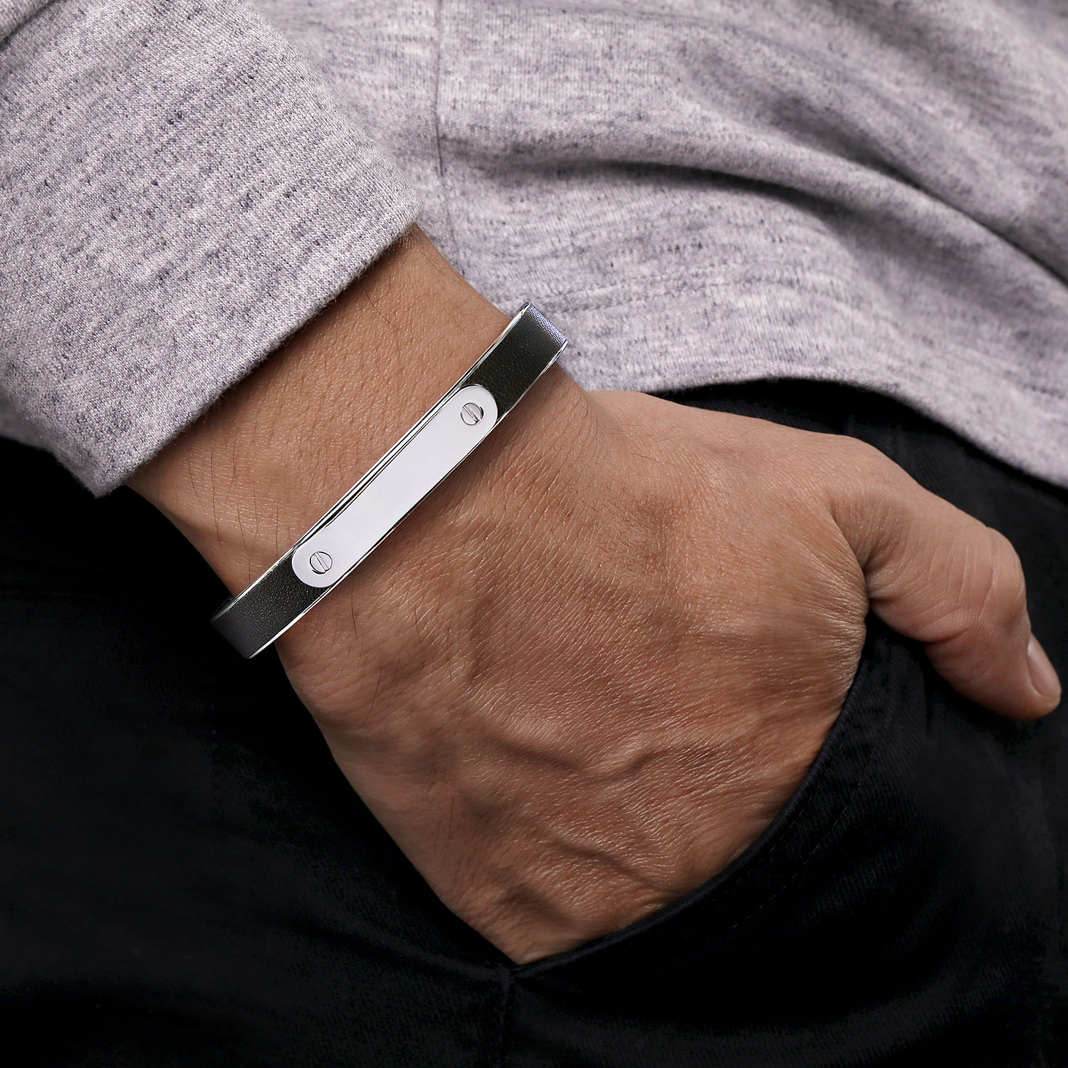 925 Sterling Silver and Leather ID Cuff Bracelet - Shot 4