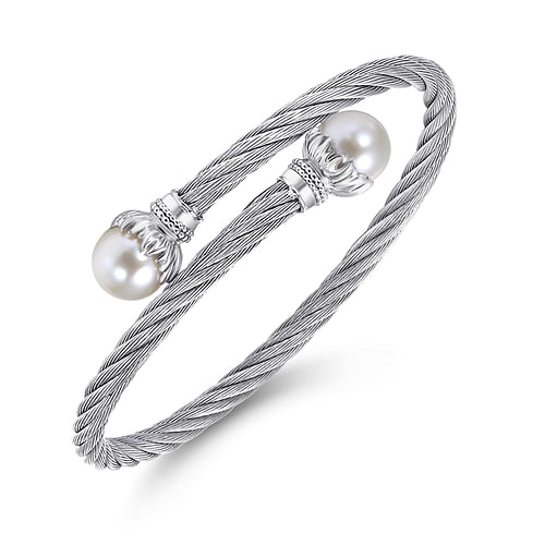 925 Sterling Silver and Twisted Cable Stainless Steel Cultured Pearl Bypass Bangle - Shot 2