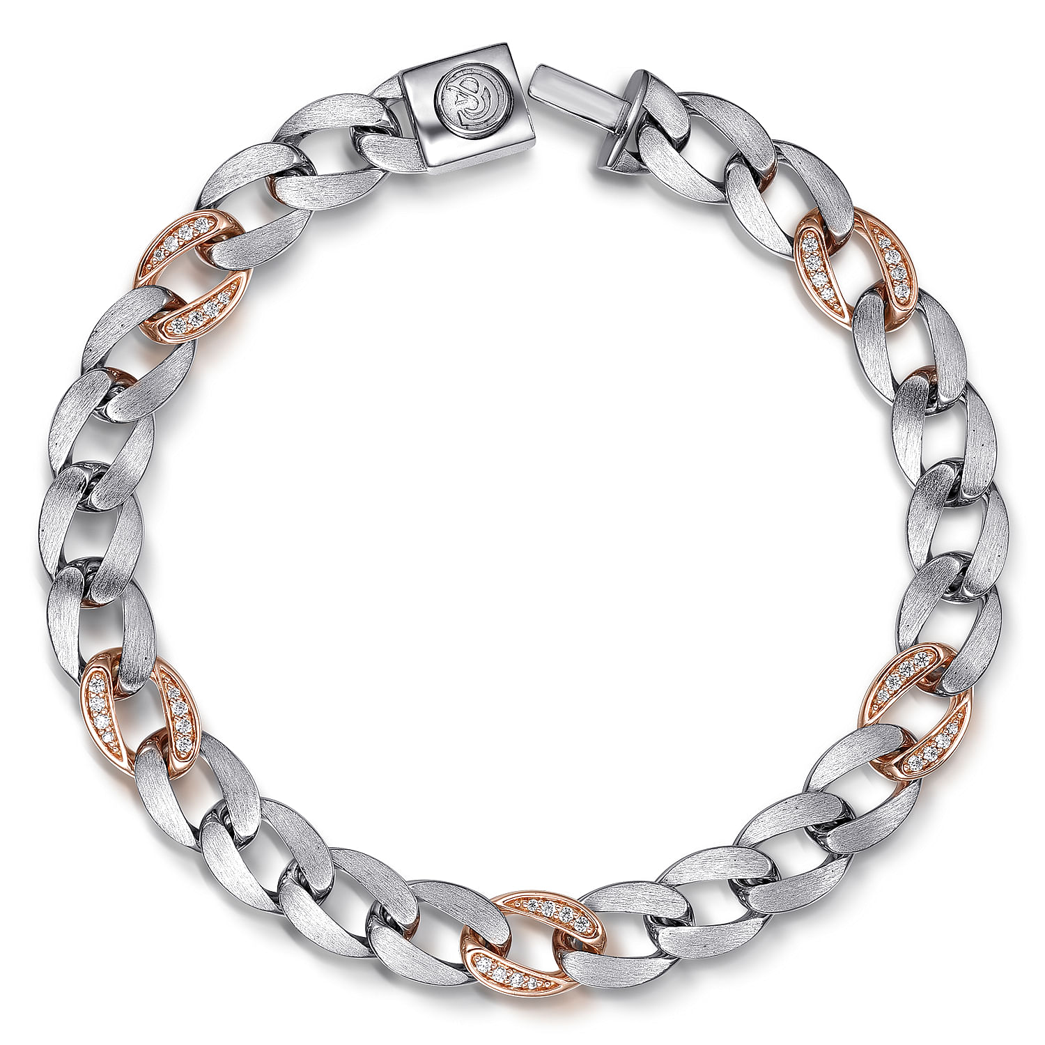 925 Sterling Silver with 14K Rose Gold Diamond Cuban Link Chain Mens Bracelet
