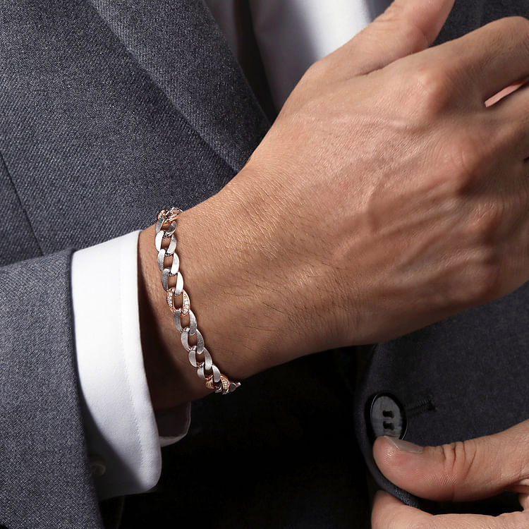 925 Sterling Silver with 14K Rose Gold Diamond Cuban Link Chain Mens Bracelet