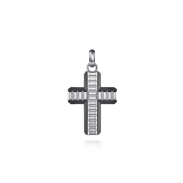 925 Sterling and Titanium Cross Mens Pendant - Shot 1