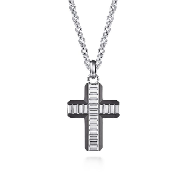 925 Sterling and Titanium Cross Mens Pendant - Shot 3