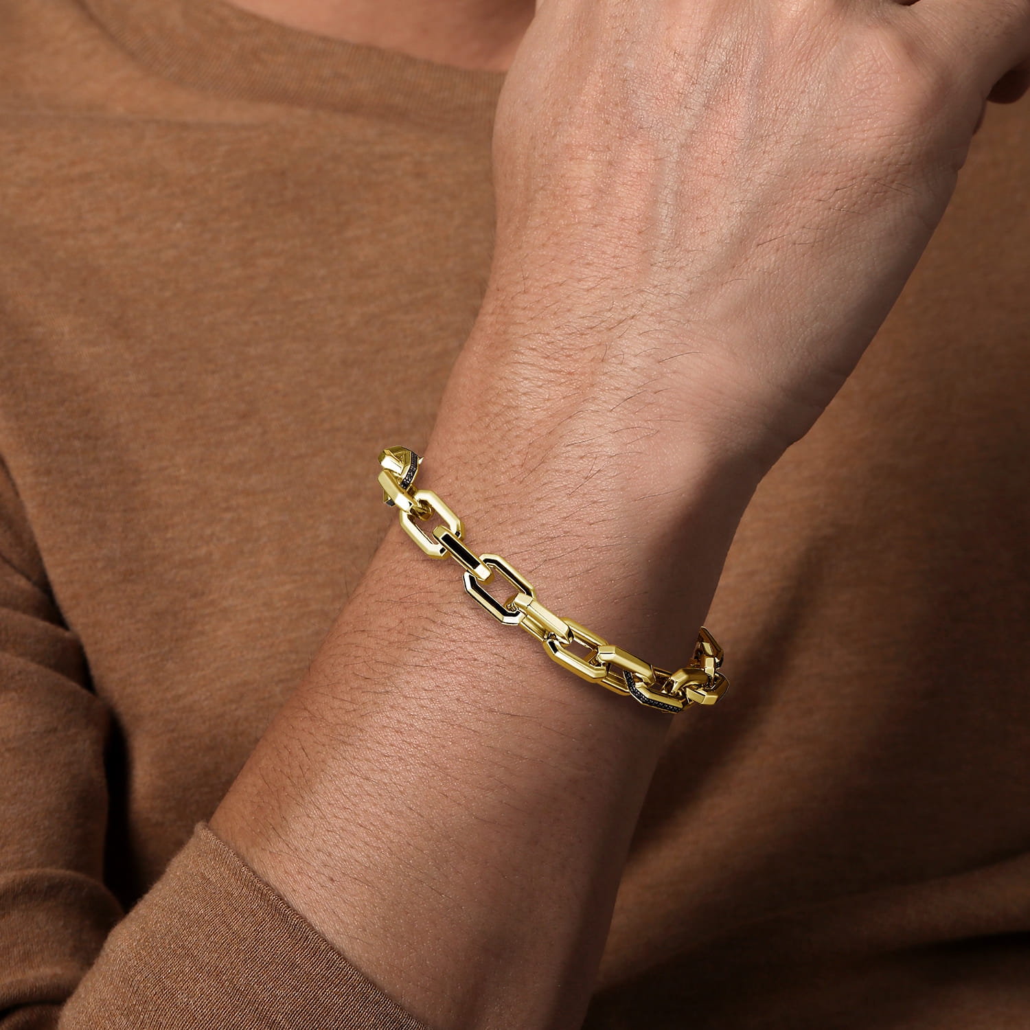 9mm 14K Yellow Gold Faceted Men's Hollow Chain Black Diamond Bracelet - 0.66 ct - Shot 3
