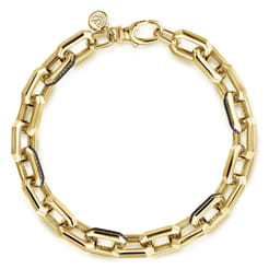 9mm 14K Yellow Gold Men's Hollow Faceted Chain Black Diamond Bracelet