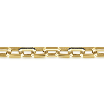 9mm 14K Yellow Gold Men's Hollow Faceted Chain Black Diamond Bracelet