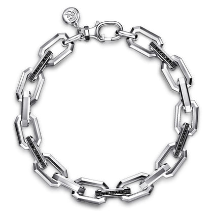 9mm 925 Sterling Silver Men's Hollow Faceted Chain Black Spinel Bracelet