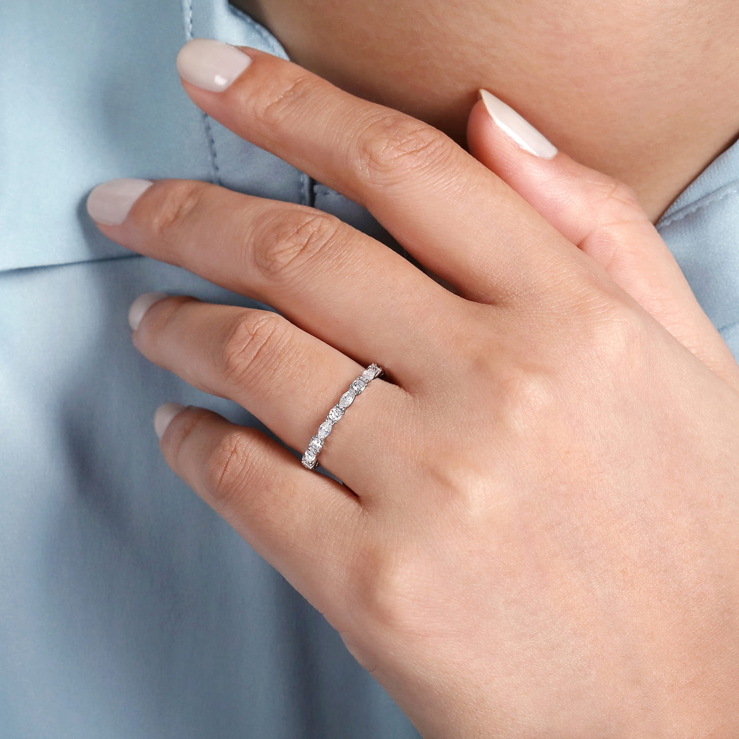 Eternity Band Wedding Ring in 14k White Gold with Marquise Natural Diamond at Gabriel & Co. - Shot 5