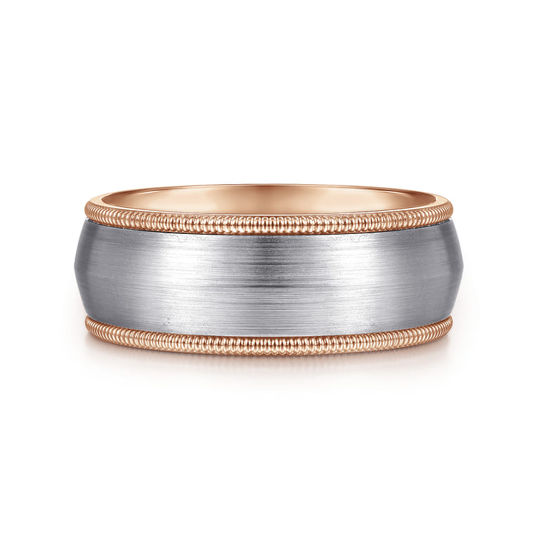 Aaron - 14K White-Rose Gold 8mm - Two Tone Men's Wedding Band in Satin Finish - Shot 1