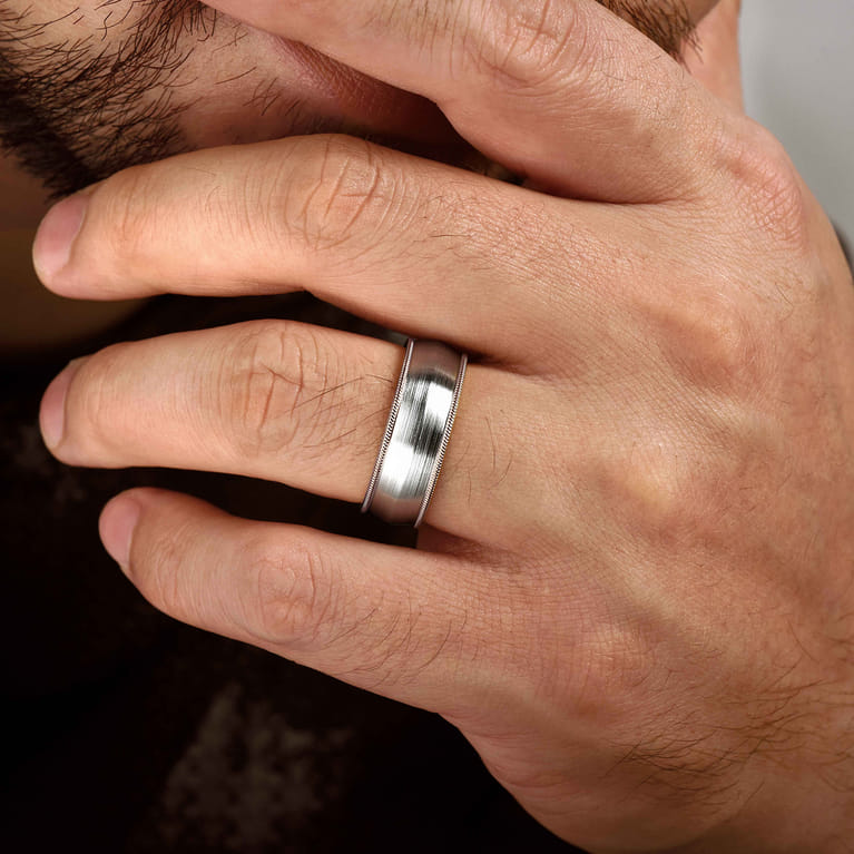 Aaron - 14K White-Rose Gold 8mm - Two Tone Men's Wedding Band in Satin Finish - Shot 5