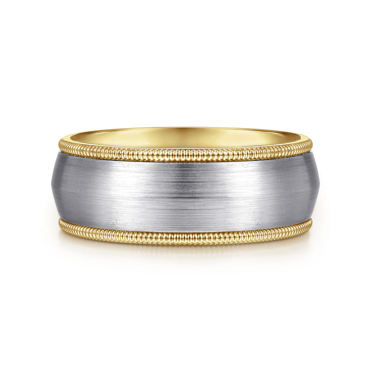 Aaron - 14K White-Yellow Gold 8mm - Two Tone Men's Wedding Band in Satin Finish - Shot 1