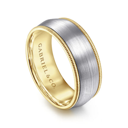 Aaron - 14K White-Yellow Gold 8mm - Two Tone Men's Wedding Band in Satin Finish