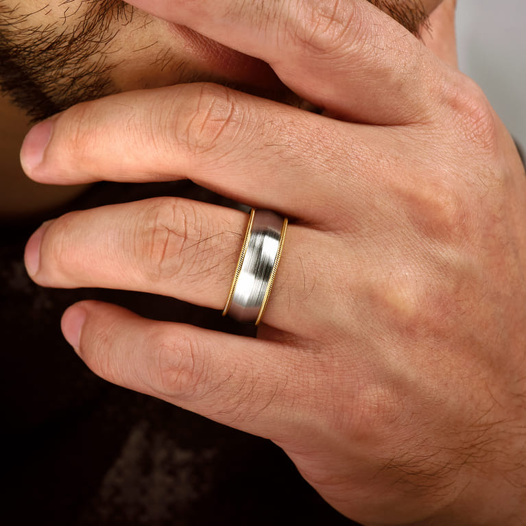 Aaron - 14K White-Yellow Gold 8mm - Two Tone Men's Wedding Band in Satin Finish - Shot 5