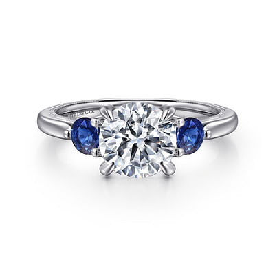 Abbi - 14K White Gold Round Three Stone Diamond and Sapphire Engagement Ring