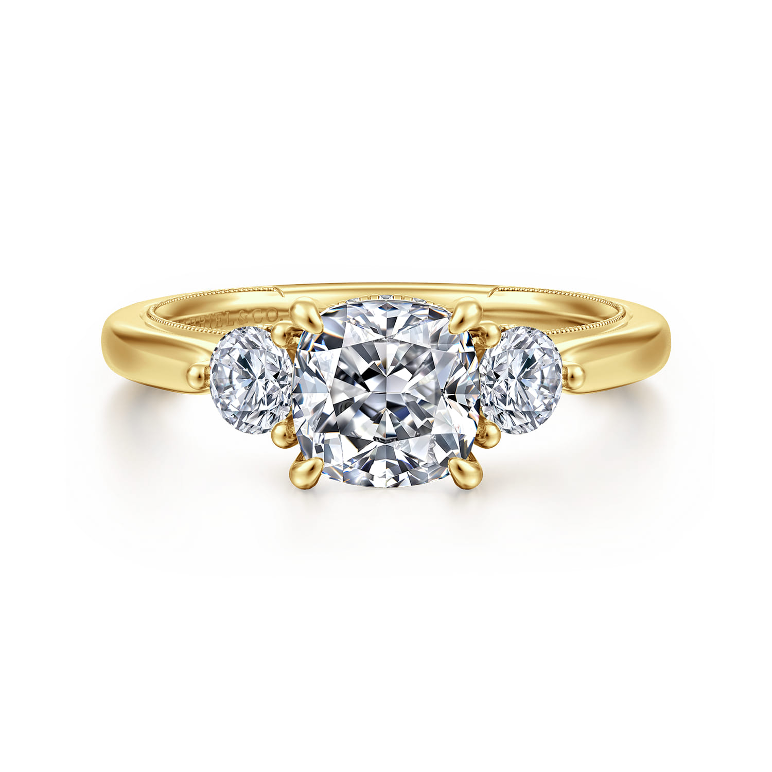 Abbi - 14K Yellow Gold Cushion Cut Three Stone Diamond Engagement Ring