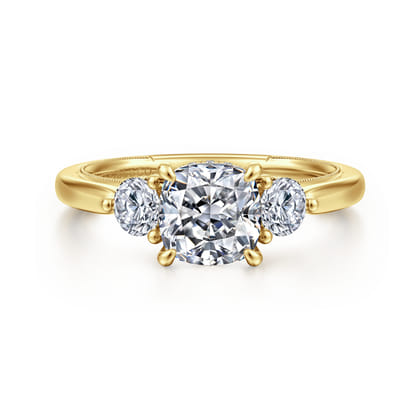 Abbi - 14K Yellow Gold Cushion Cut Three Stone Diamond Engagement Ring