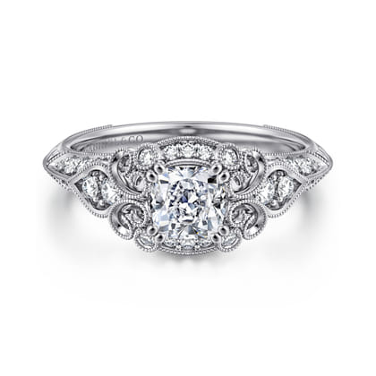 Abel - Unique 14K White Gold Vintage Inspired Cushion Halo Diamond Engagement Ring
