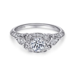 Unique 14K White Gold Vintage Inspired Diamond Halo Engagement Ring