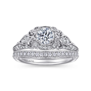 Abel - Unique 14K White Gold Vintage Inspired Diamond Halo Engagement Ring