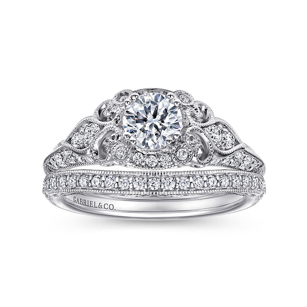 Unique 14K White Gold Vintage Inspired Diamond Halo Engagement Ring ...