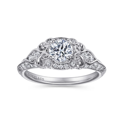 Abel - Unique 14K White Gold Vintage Inspired Diamond Halo Engagement Ring