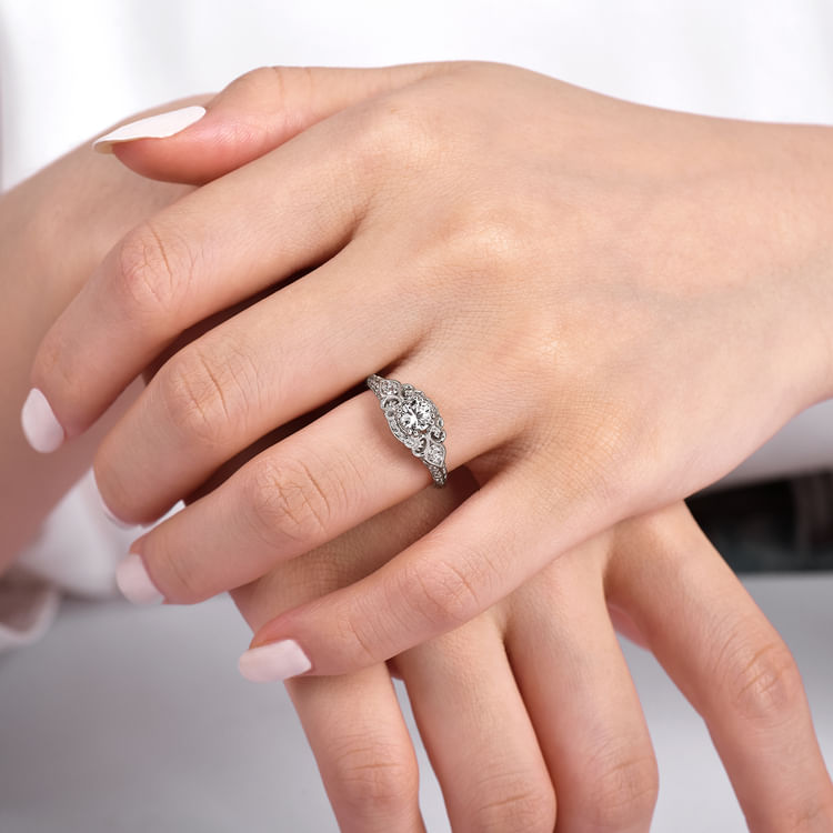 Abel - Unique 14K White Gold Vintage Inspired Diamond Halo Engagement Ring