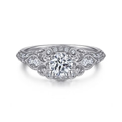 Unique 14K White Gold Vintage Inspired Diamond Halo Engagement Ring