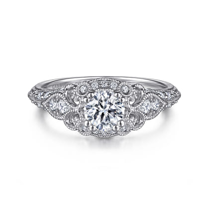 Abel - Unique 14K White Gold Vintage Inspired Diamond Halo Engagement Ring