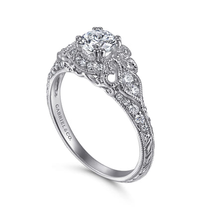 Abel - Unique 14K White Gold Vintage Inspired Diamond Halo Engagement Ring