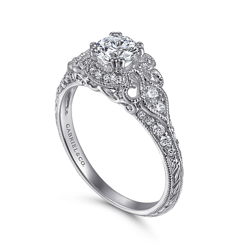 Abel - Unique 14K White Gold Vintage Inspired Diamond Halo Engagement Ring - 0.3 ct - Shot 3