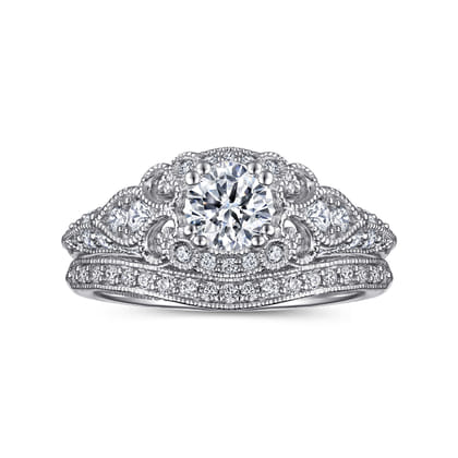 Abel - Unique 14K White Gold Vintage Inspired Diamond Halo Engagement Ring