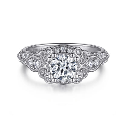 Abel - Unique 14K White Gold Vintage Inspired Diamond Halo Engagement Ring