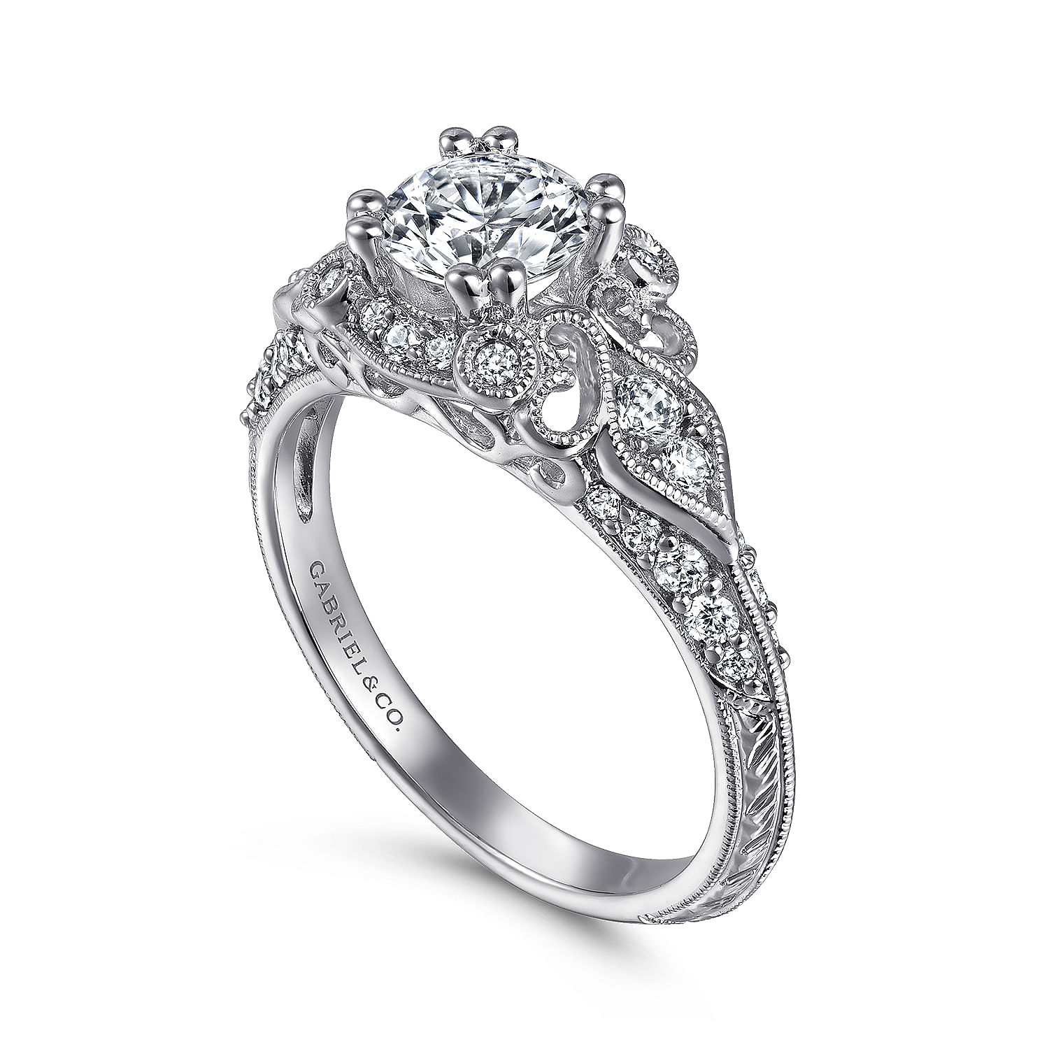 Abel - Unique 14K White Gold Vintage Inspired Diamond Halo Engagement Ring - 0.39 ct - Shot 3