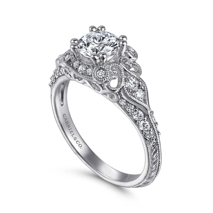 Abel - Unique 14K White Gold Vintage Inspired Diamond Halo Engagement Ring