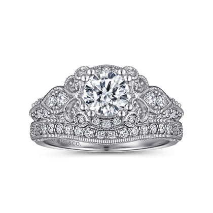 Abel - Unique 14K White Gold Vintage Inspired Diamond Halo Engagement Ring