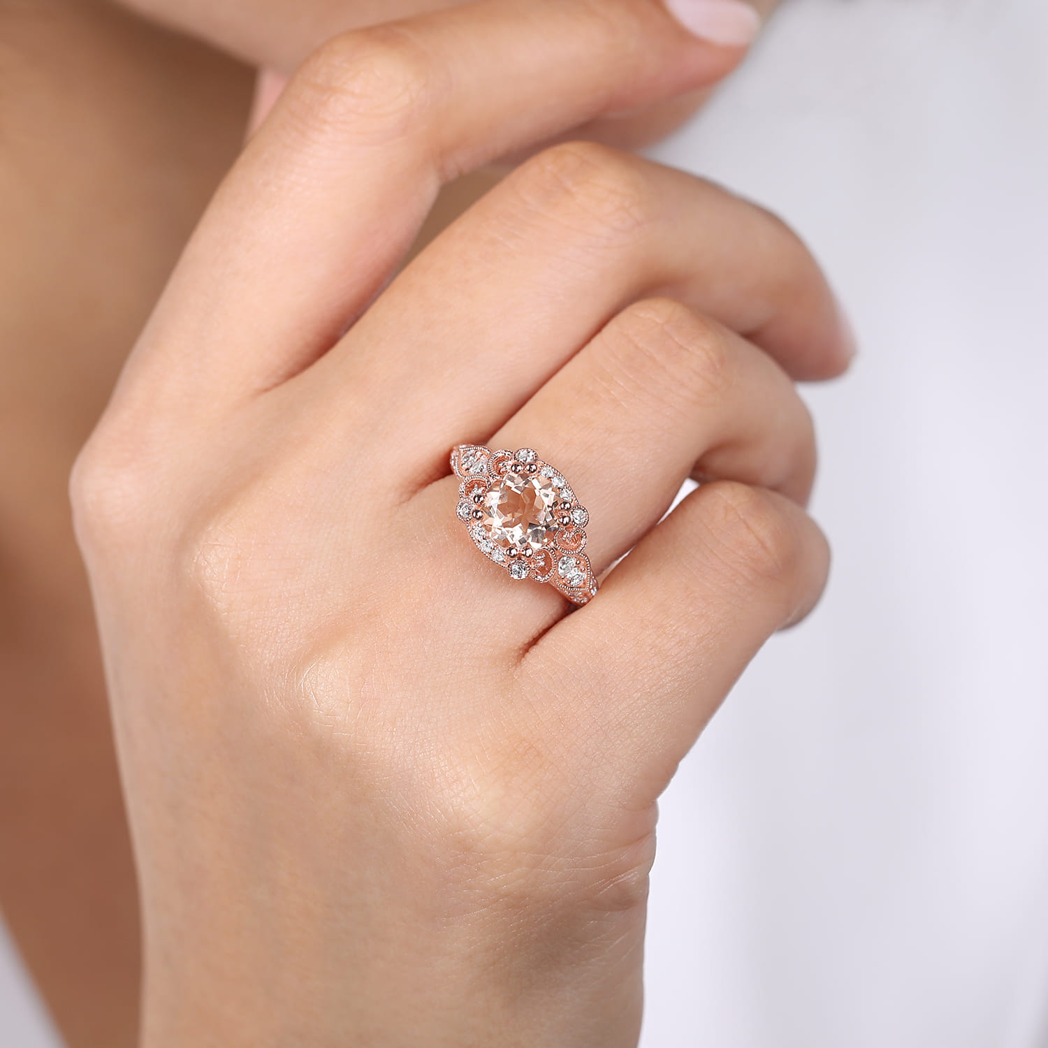 Abel - Vintage Inspired 14K Rose Gold Round Halo Morganite and Diamond Engagement Ring