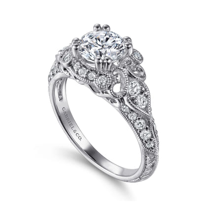 Abel - Vintage Inspired 14K White Gold Fancy Halo Round Diamond Engagement Ring