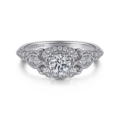Abel - Vintage Inspired 14K White Gold Round Halo Complete Diamond Engagement Ring