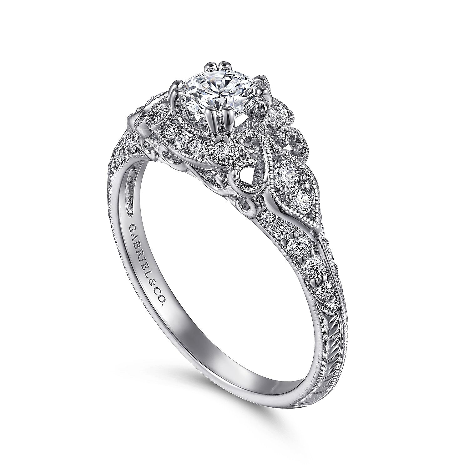 Abel - Vintage Inspired 14K White Gold Round Halo Complete Diamond Engagement Ring - 0.72 ct - Shot 3
