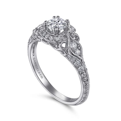 Abel - Vintage Inspired 14K White Gold Round Halo Complete Diamond Engagement Ring