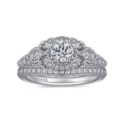 Abel - Vintage Inspired 14K White Gold Round Halo Complete Diamond Engagement Ring
