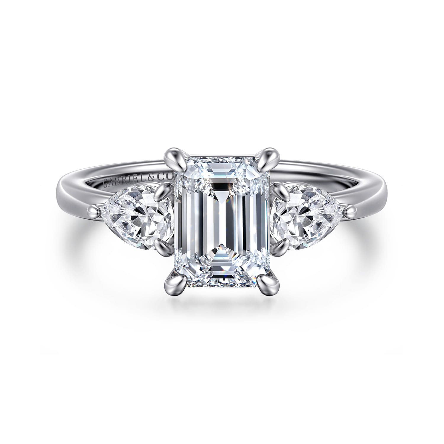 Adalia - 14K White Gold Emerald Cut Three Stone Diamond Engagement Ring