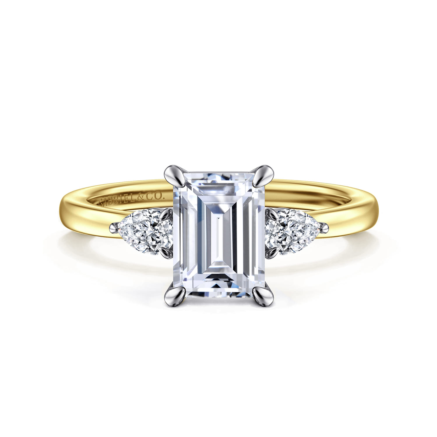 Adalia - 14K White-Yellow Gold Emerald Cut Three Stone Diamond Engagement Ring