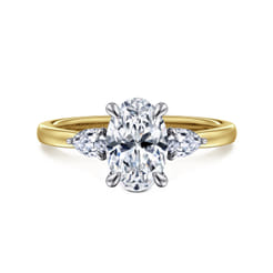 Adalia - 14K White-Yellow Gold Oval Three Stone Diamond Engagement Ring