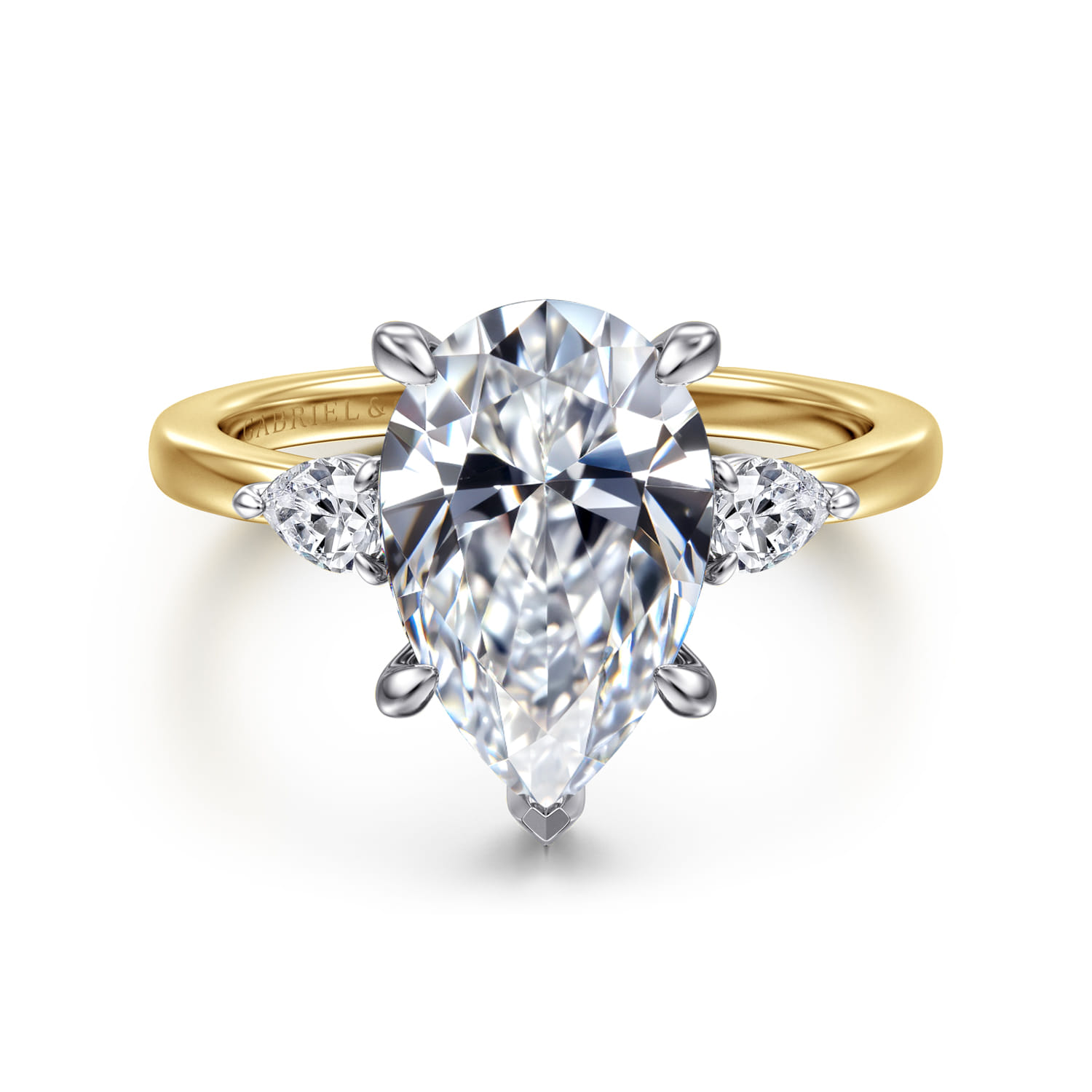 Adalia - 14K White-Yellow Gold Pear Shape Three Stone Diamond Engagement Ring
